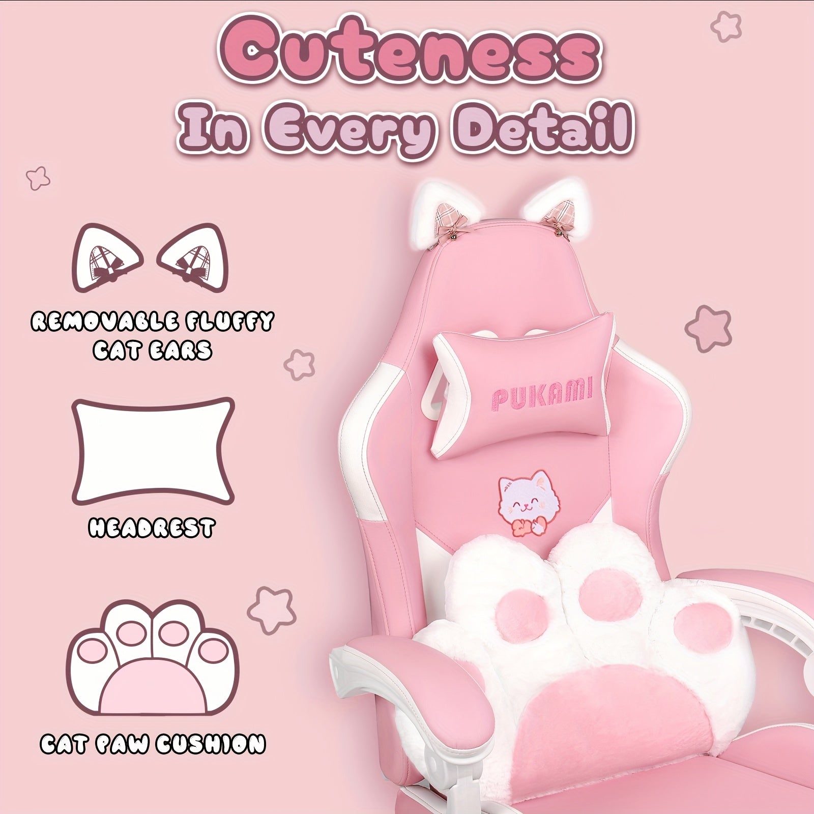Pink Kawaii Cat Ear Gaming Chair with Paw Cushion