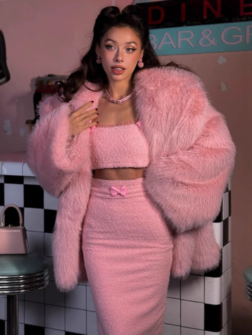 Women's Luxury Faux Fox Fur Coat - Thick Winter Coat with Plush Pink Fur, Oversized H-Line Silhouette & Short Length, Soft Quilted Jacket for Fall/Winter, Hand Washable Statement Outerwear, Relaxed Fit with Drop Shoulder Slee