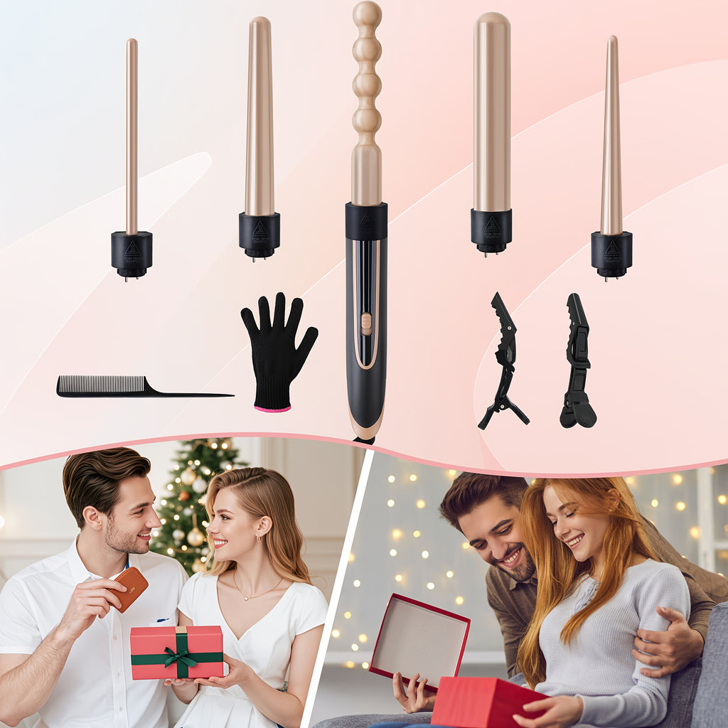 Hair Curling Wand 5in 1 Hair Curlers Iron Set 0.4" - 1.25" with 5 Ceramic Interchangeable Barrel