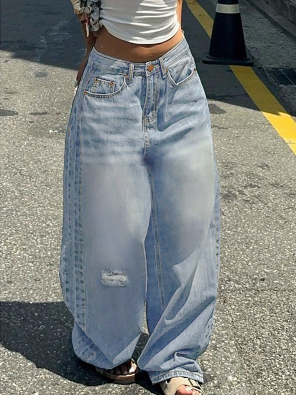 Slashed Straight Light Blue Jeans