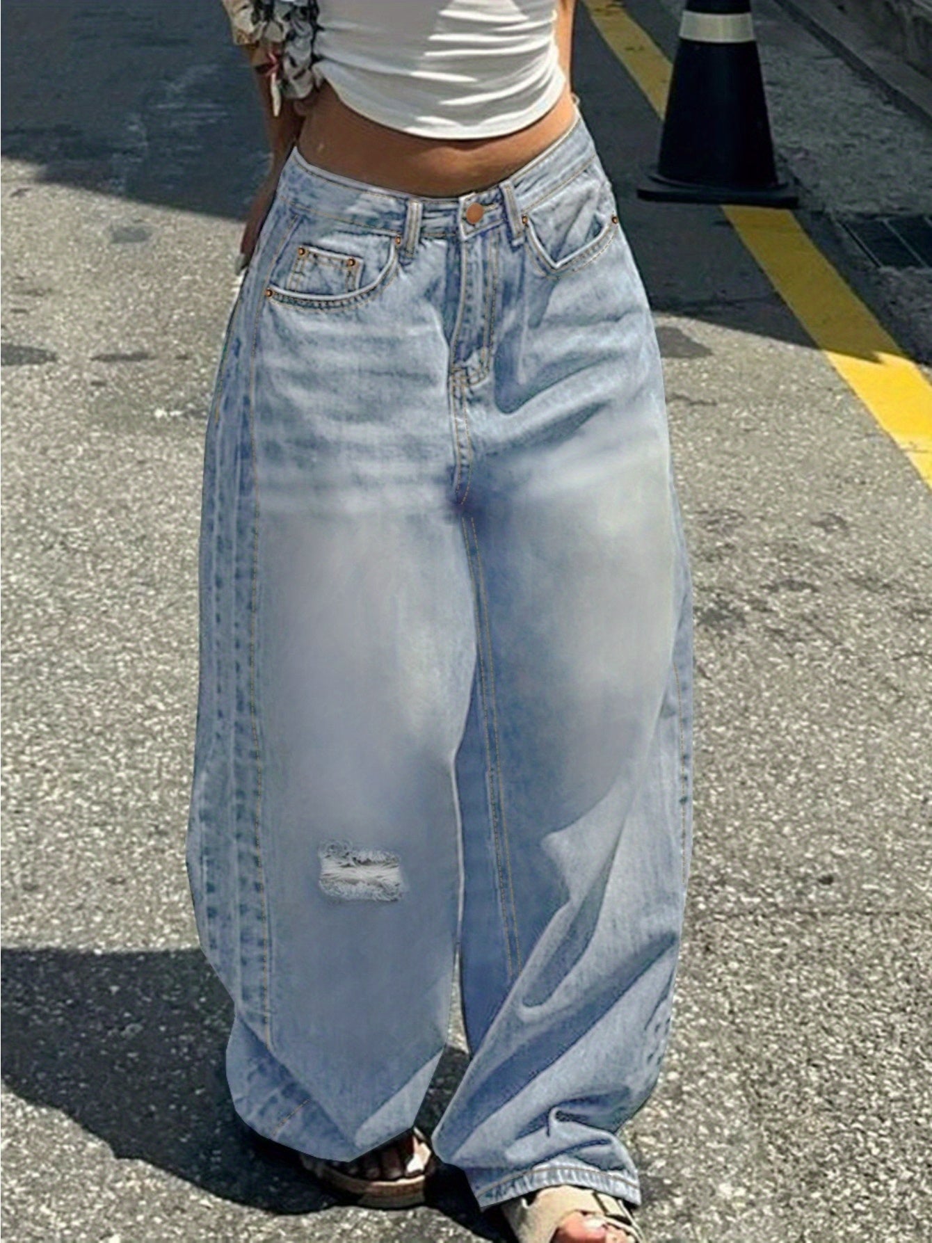 Slashed Straight Light Blue Jeans