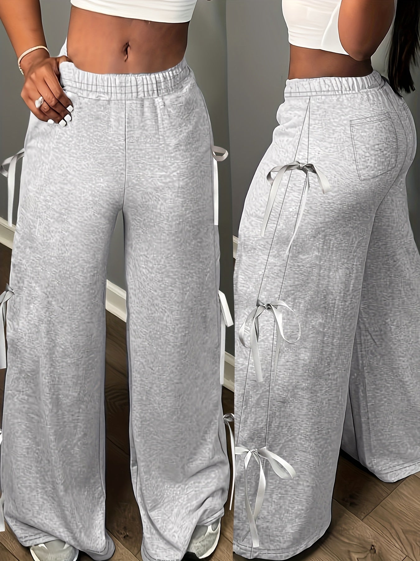 Elegant Side Bow Tie Straps & Back Pockets Stretchy Loose Straight Leg Pants