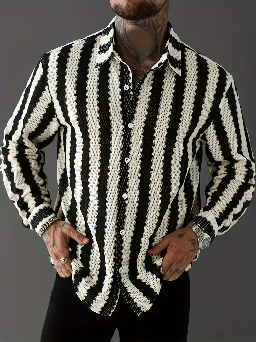 Black & White Houndstooth & Stripe Oversized Casual Shirt