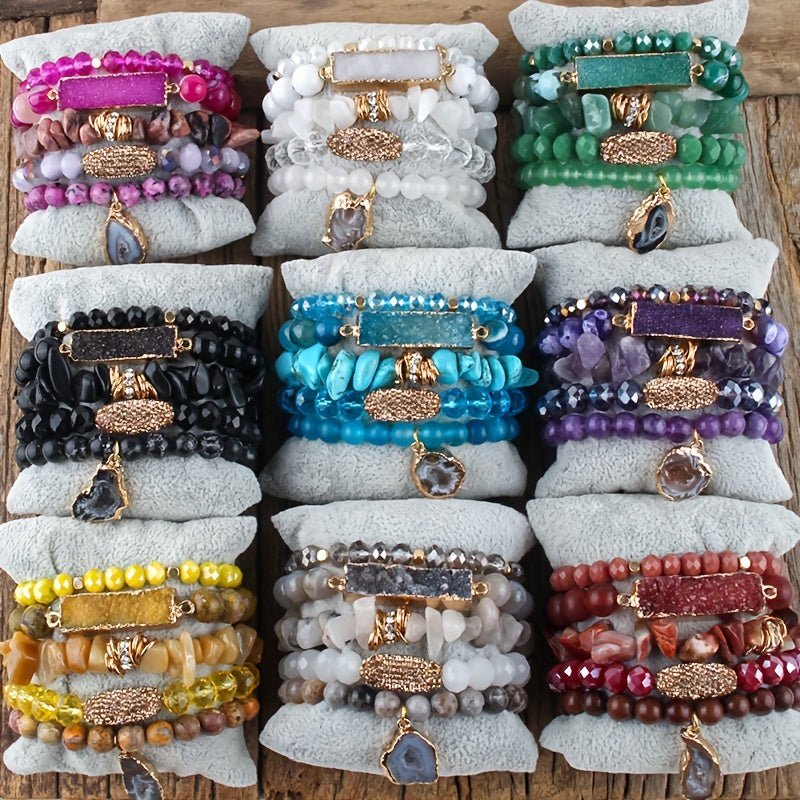 5pcs Boho Beaded Bracelet Set, Stackable Multi-Layer Handmade Stretch Bracelets, Bohemian Elegant Style Suitable For Women Stackable