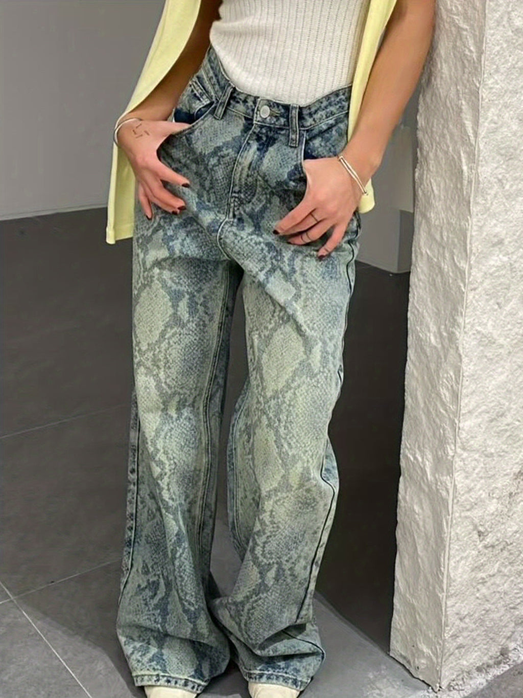 High-Waisted Wash Blue Distressed Snakeskin Print Wide-Leg Jeans