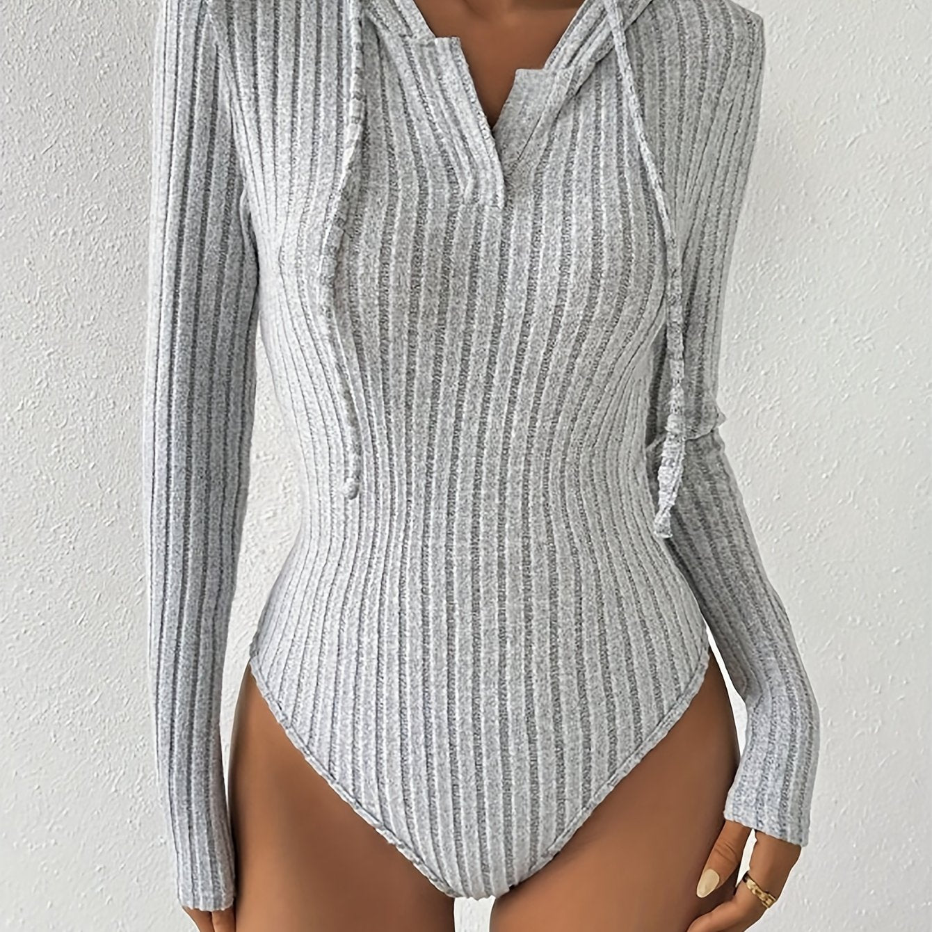 Ribbed Drawstring Hooded Bodysuit
