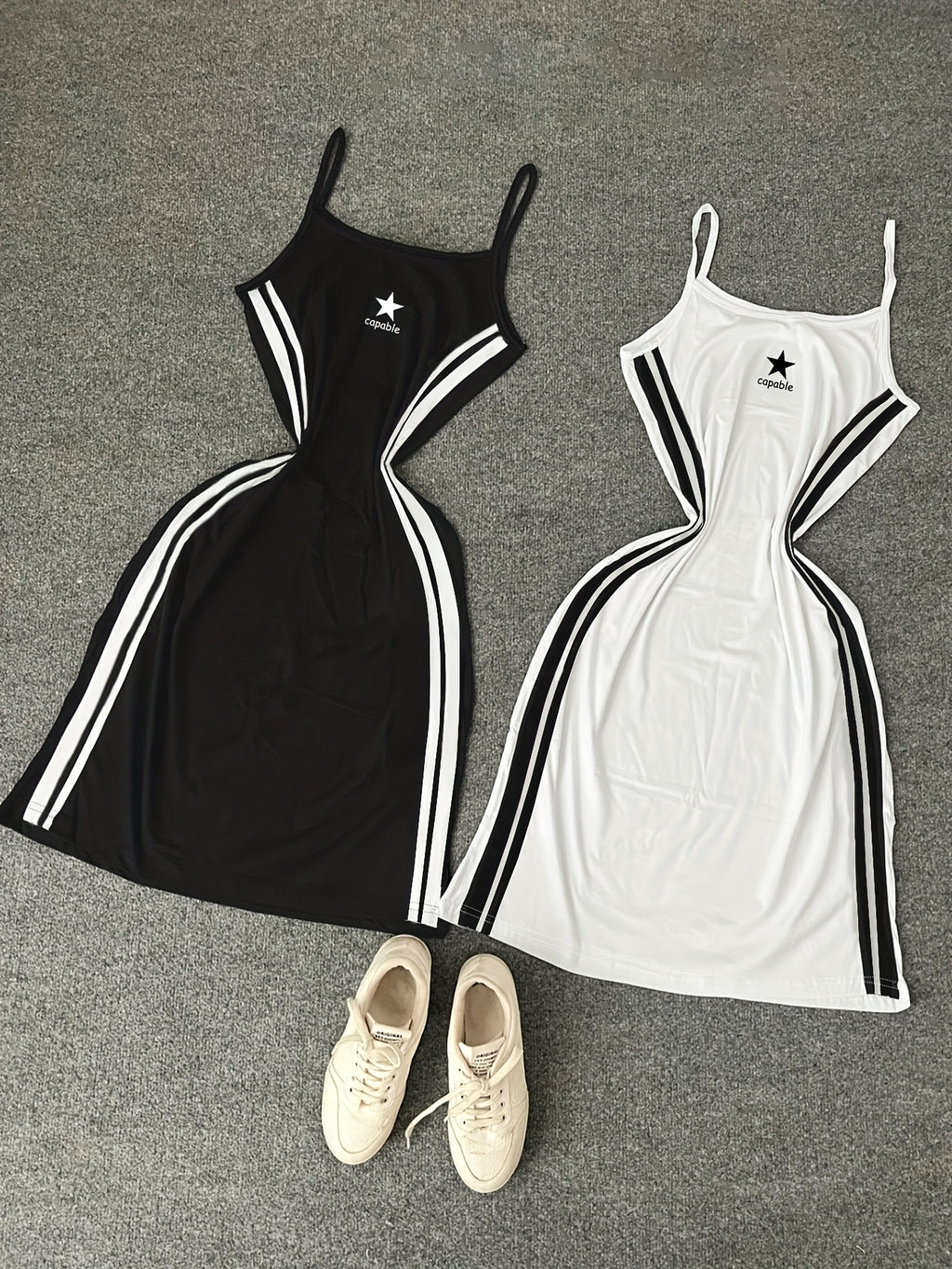 {2pcs} Star Pattern Color Block Thin Strap Sleeveless Dress