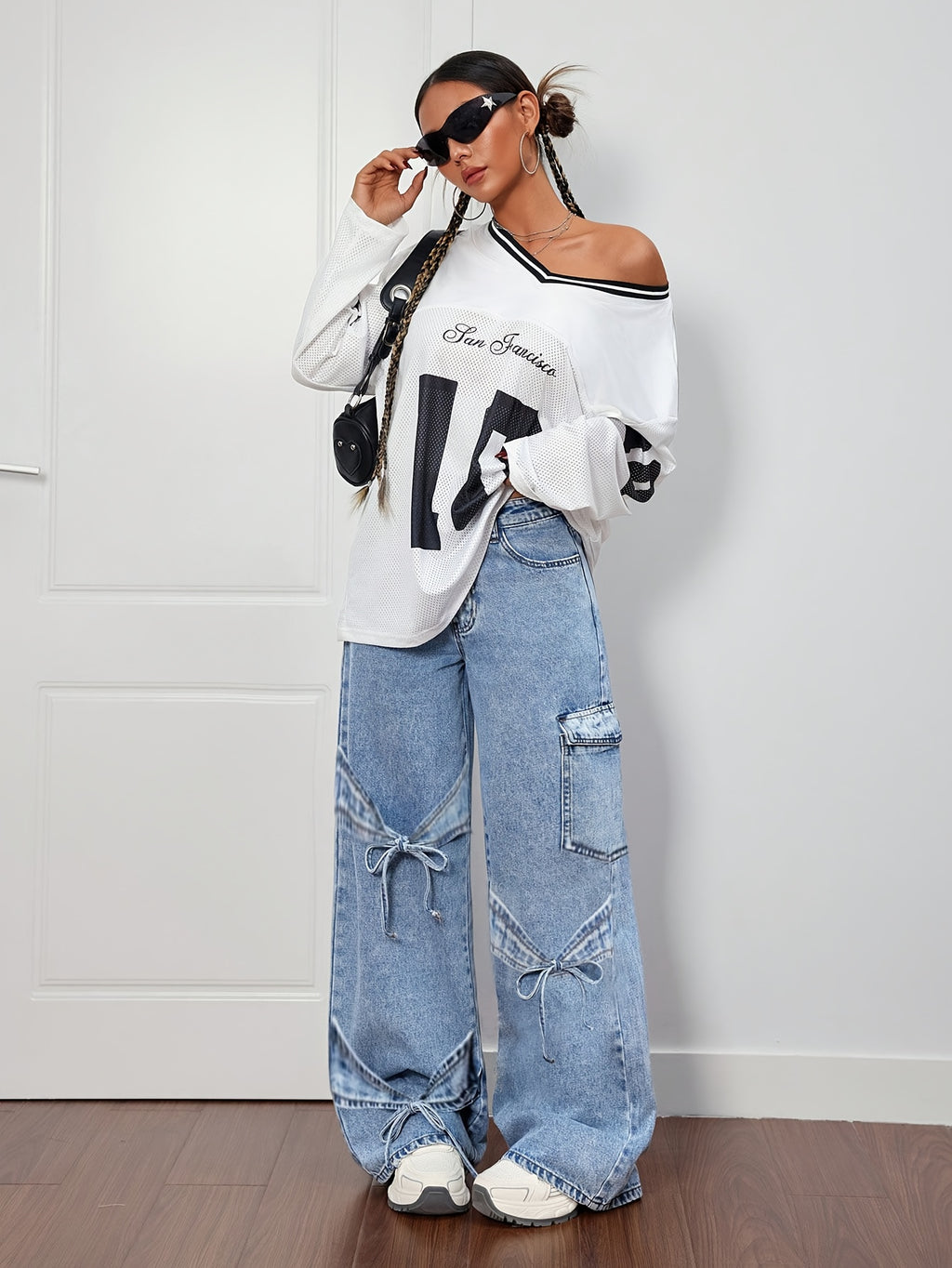 Denim Curved Bow Side Pocket Straight Trousers