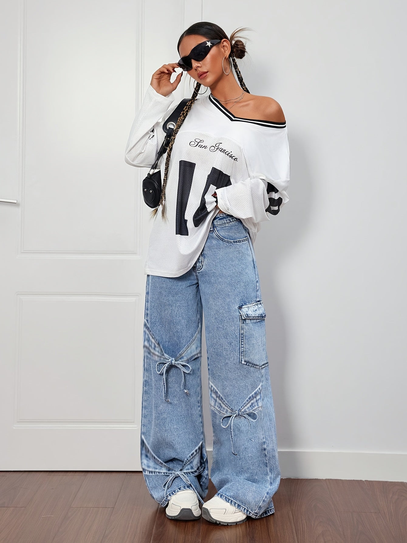 Denim Curved Bow Side Pocket Straight Trousers