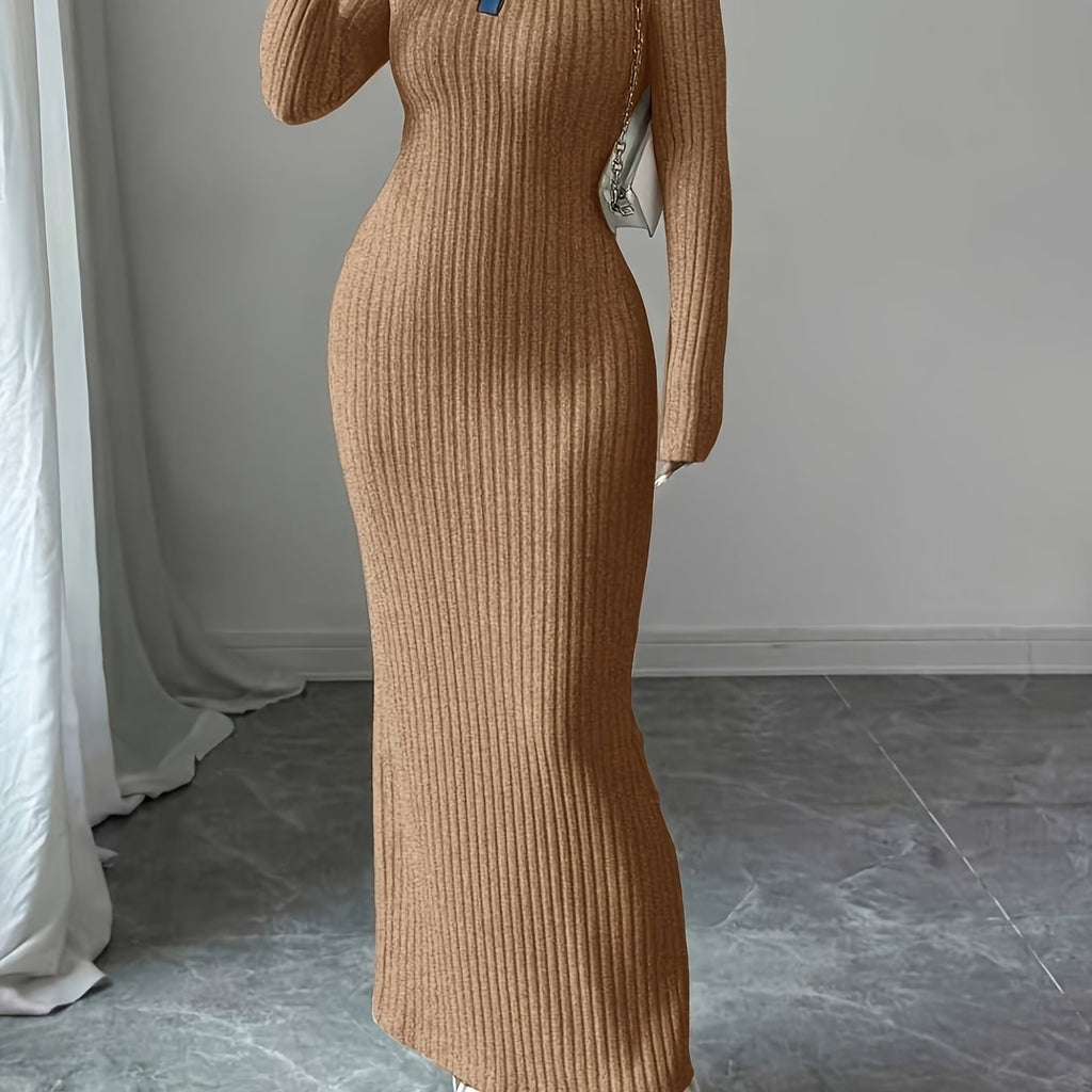 Long Sleeve Slim-Fit Autumn/Winter Dress with Contrast Stripe and Collar Button Design