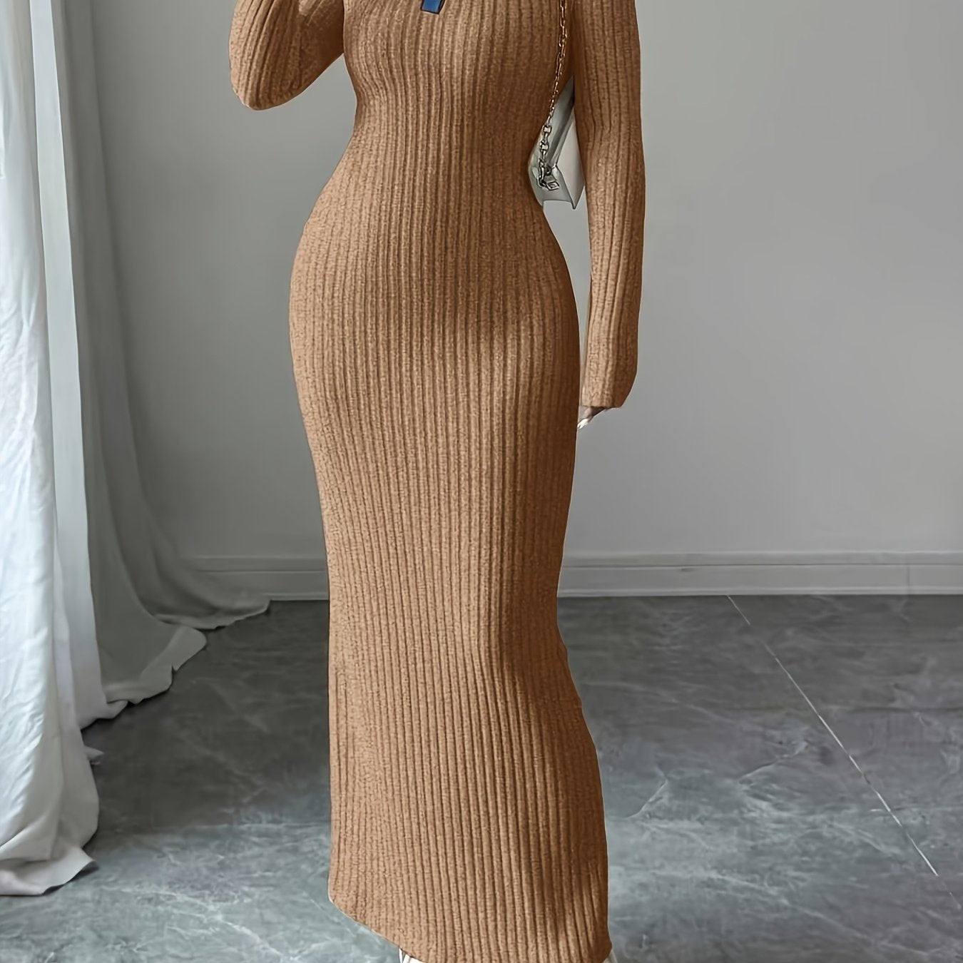 Long Sleeve Slim-Fit Autumn/Winter Dress with Contrast Stripe and Collar Button Design