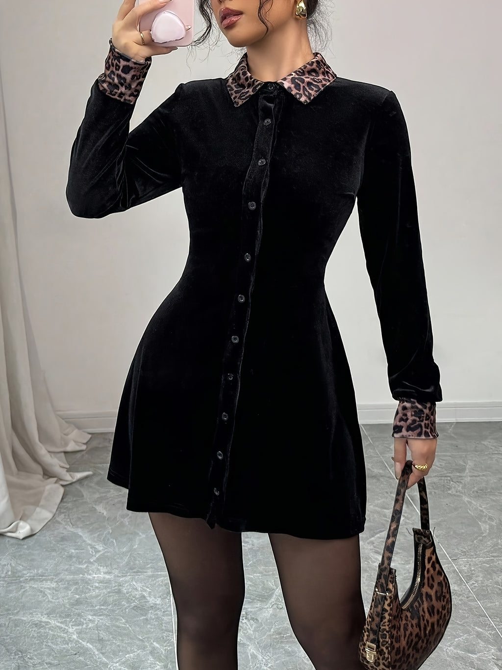 Faux Fur-like Texture A-Line Dress with Leopard Print Collar & Long Sleeves