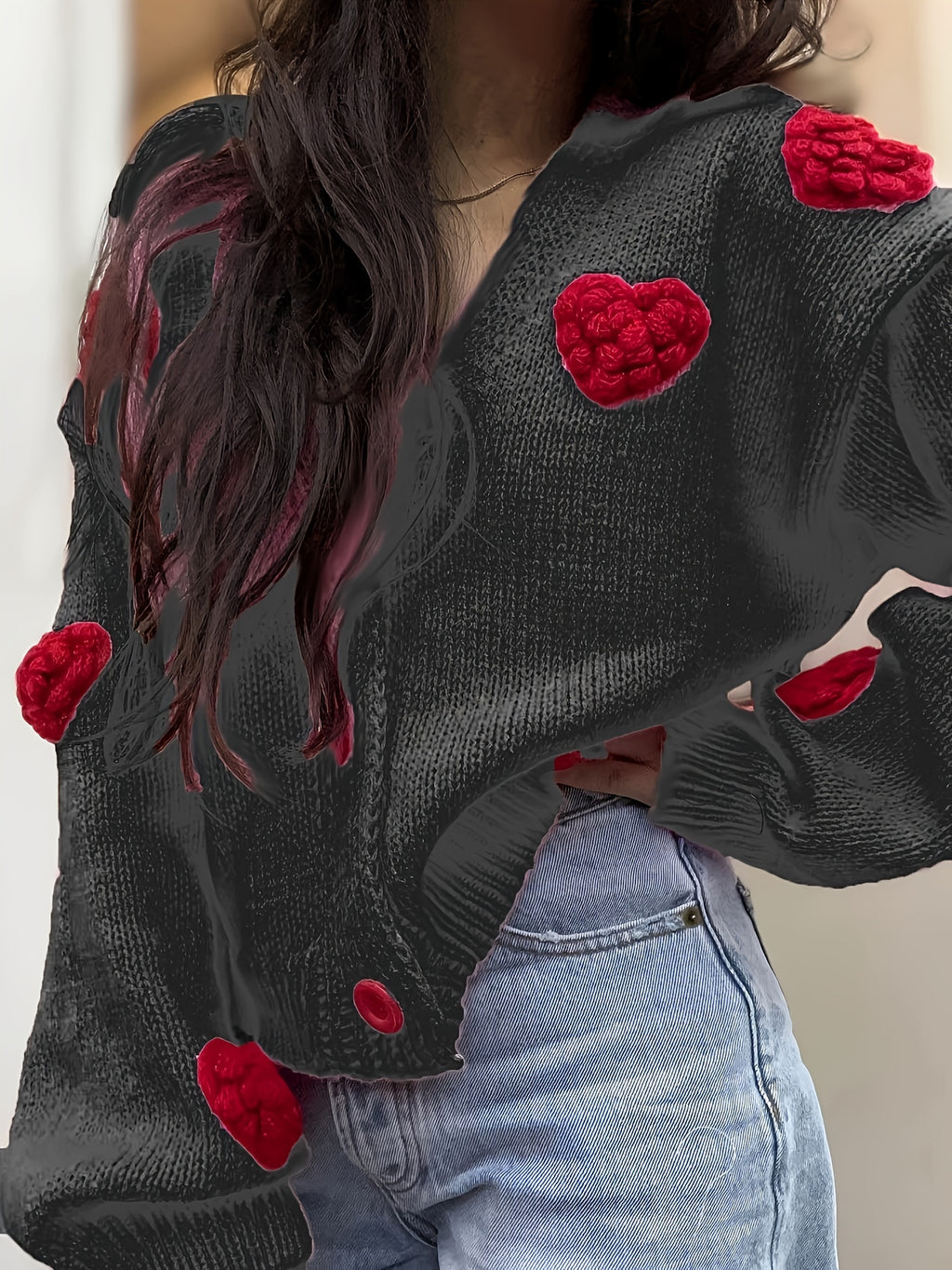 Chic Handmade Heart Pattern V-Neck Cardigan