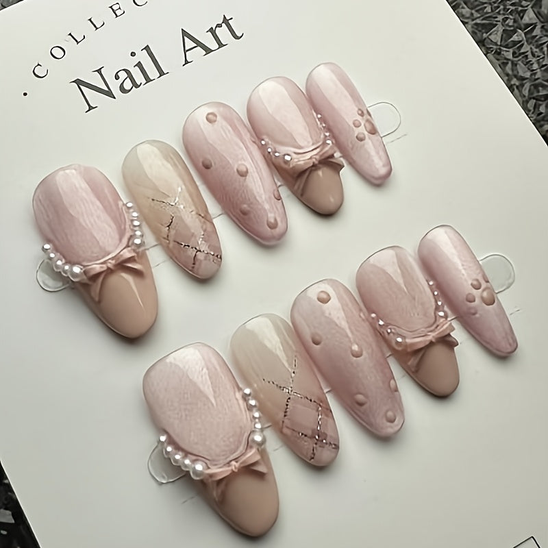 [10pcs} French-Style Pink Cat-Eye Bow Press-On Nails