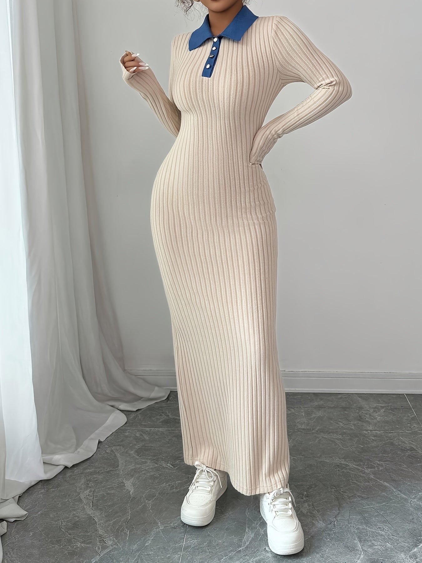 Long Sleeve Slim-Fit Autumn/Winter Dress with Contrast Stripe and Collar Button Design