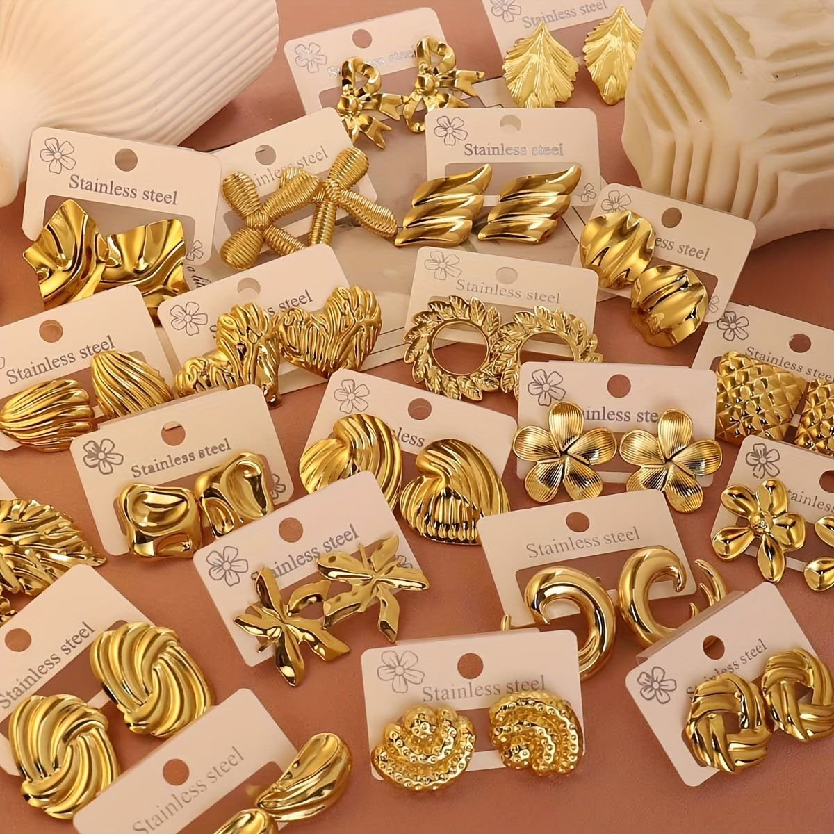 12pcs/Set or 18pcs/Set Stainless Steel Golden Heart/Leaf/Wing Earrings