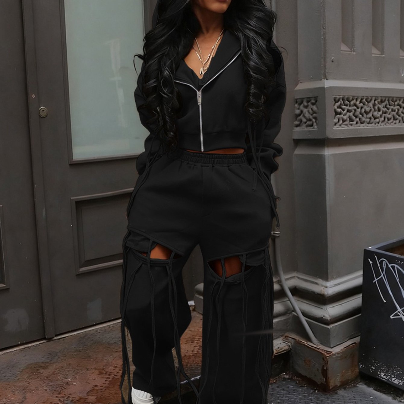 Hooded Zipper Sweatshirt Wide-Leg Hole Two-Piece Suit