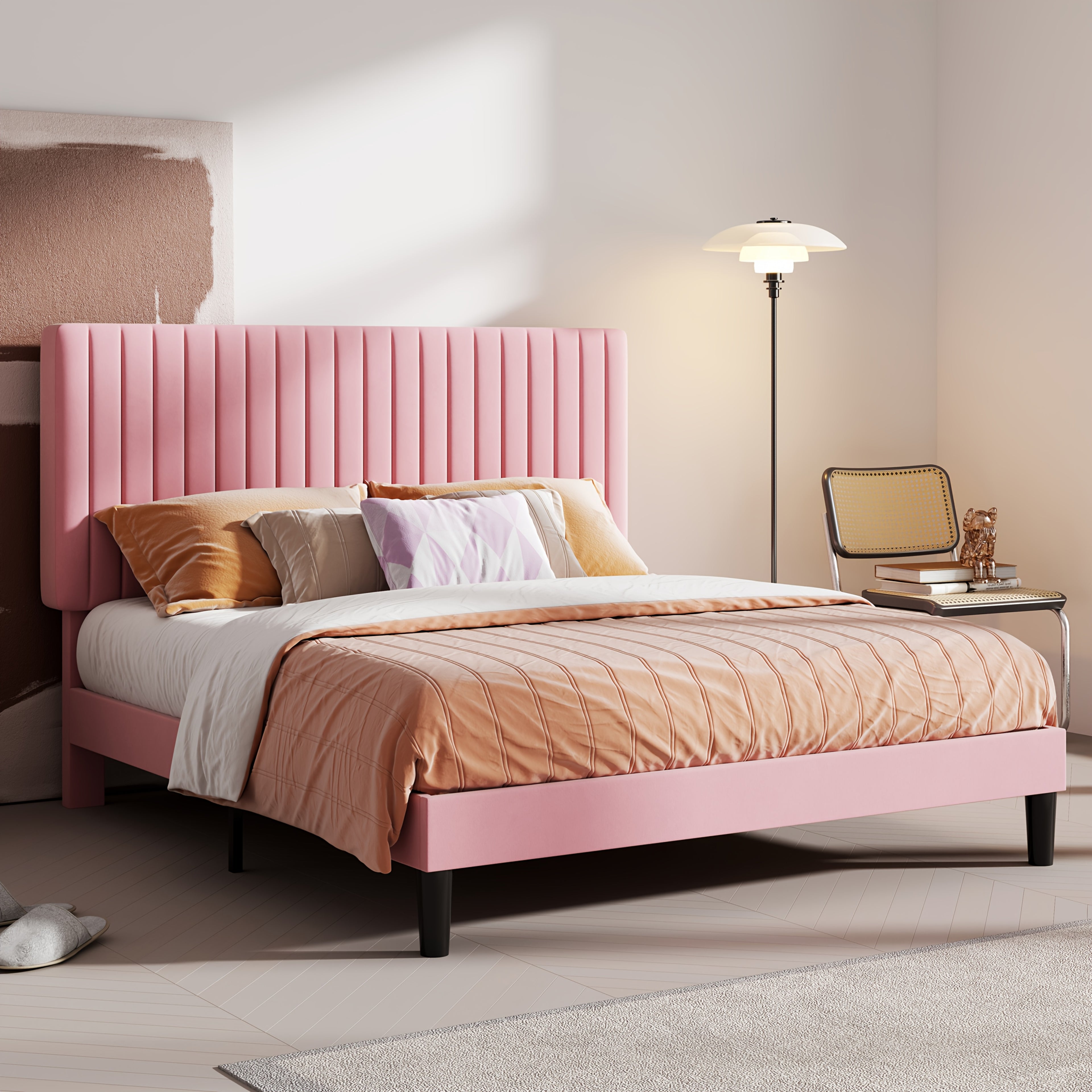 Modern Velvet Upholstered Bed Frame with Adjustable Headboard