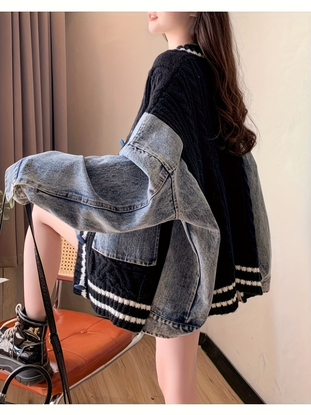 Oversized Light Gray & Blue Contrast Batwing Cardigan