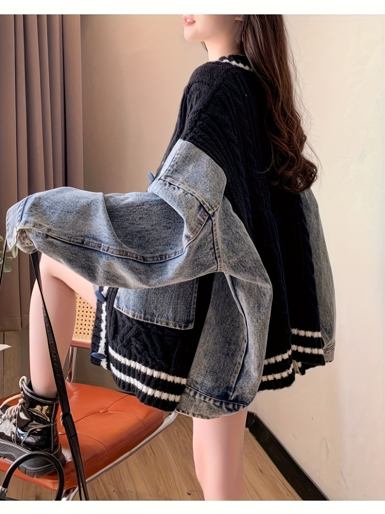 Oversized Light Gray & Blue Contrast Batwing Cardigan