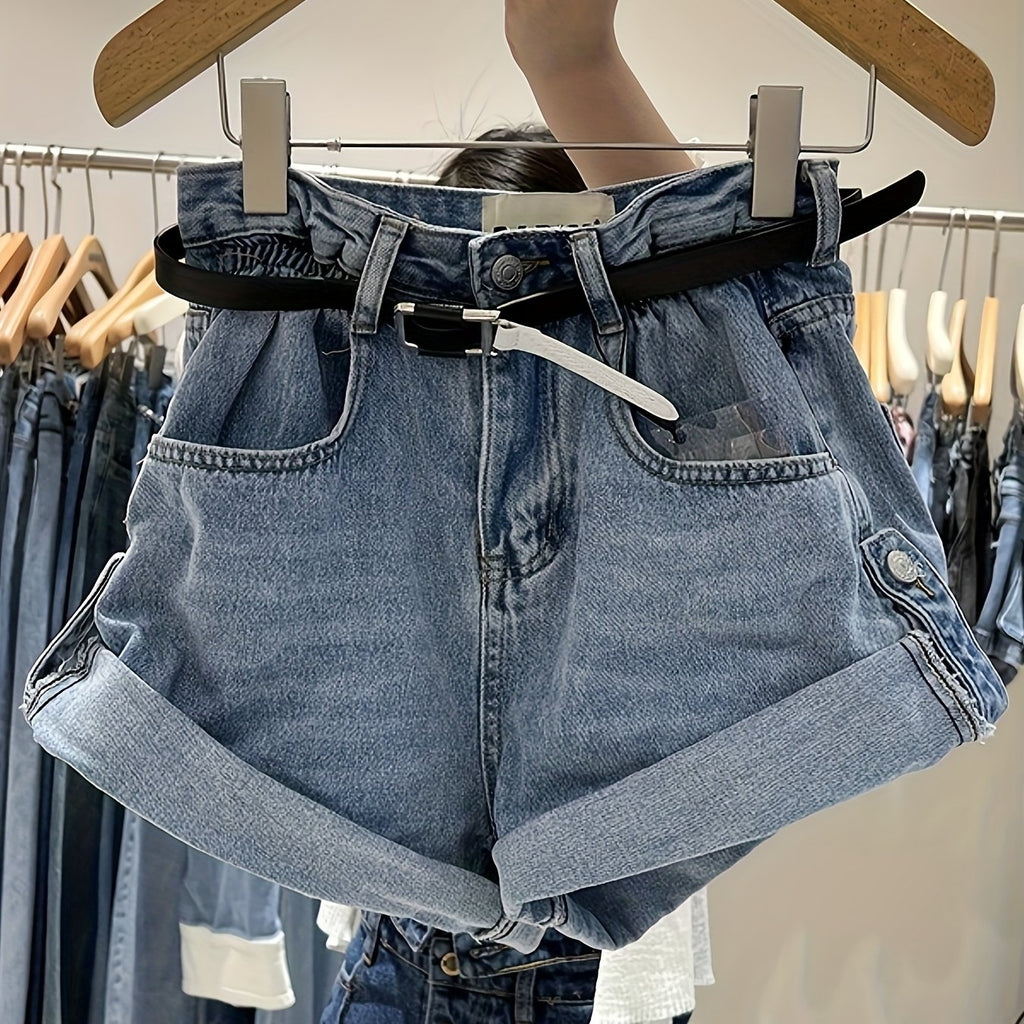 High Waisted Rolled Hem Straight Leg Wide Denim Shorts