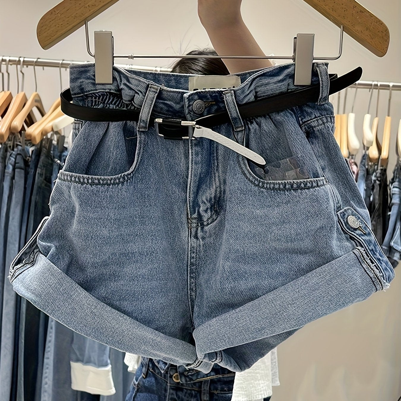High Waisted Rolled Hem Straight Leg Wide Denim Shorts