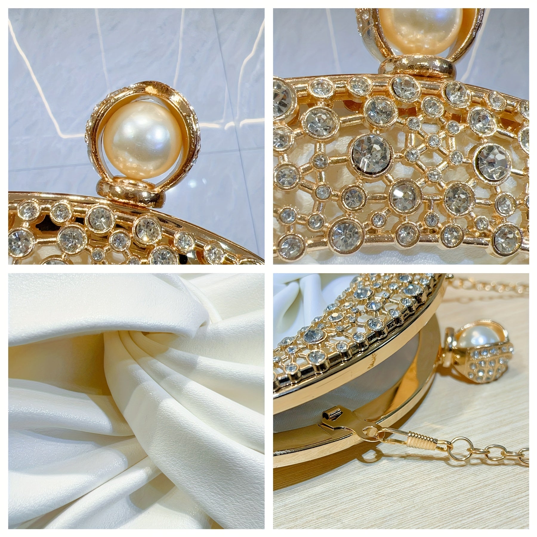 Elegant White Mini Clutch with Golden Rhinestone Crown