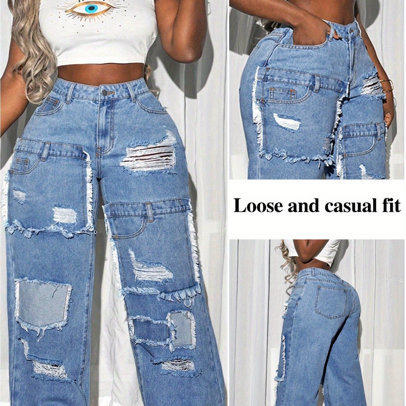 High-Waisted Wide-Leg Distressed Jeans