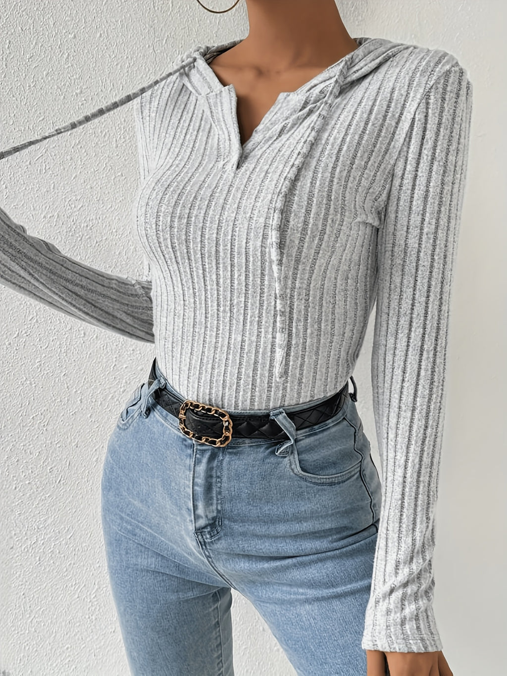 Ribbed Drawstring Hooded Bodysuit