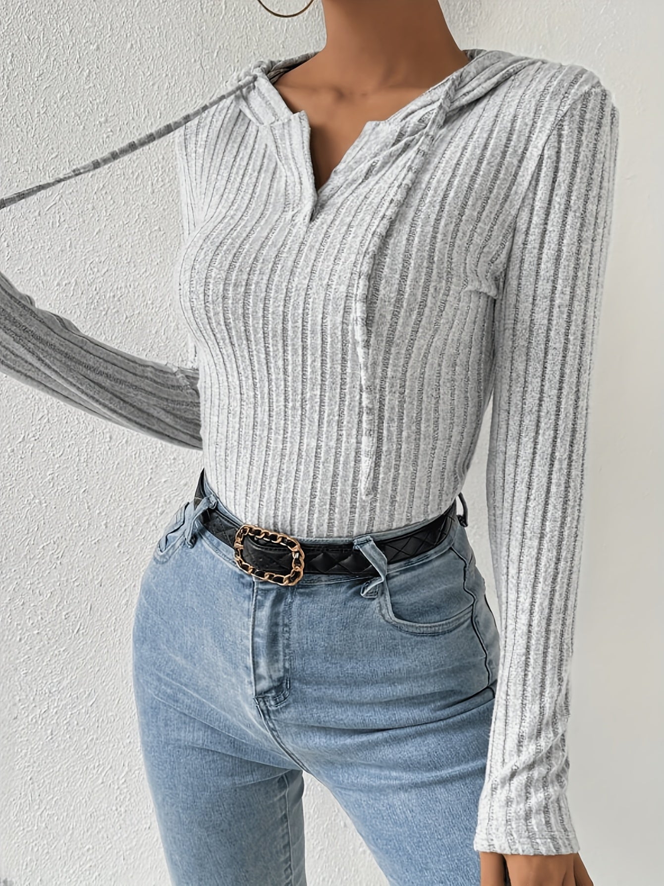 Ribbed Drawstring Hooded Bodysuit