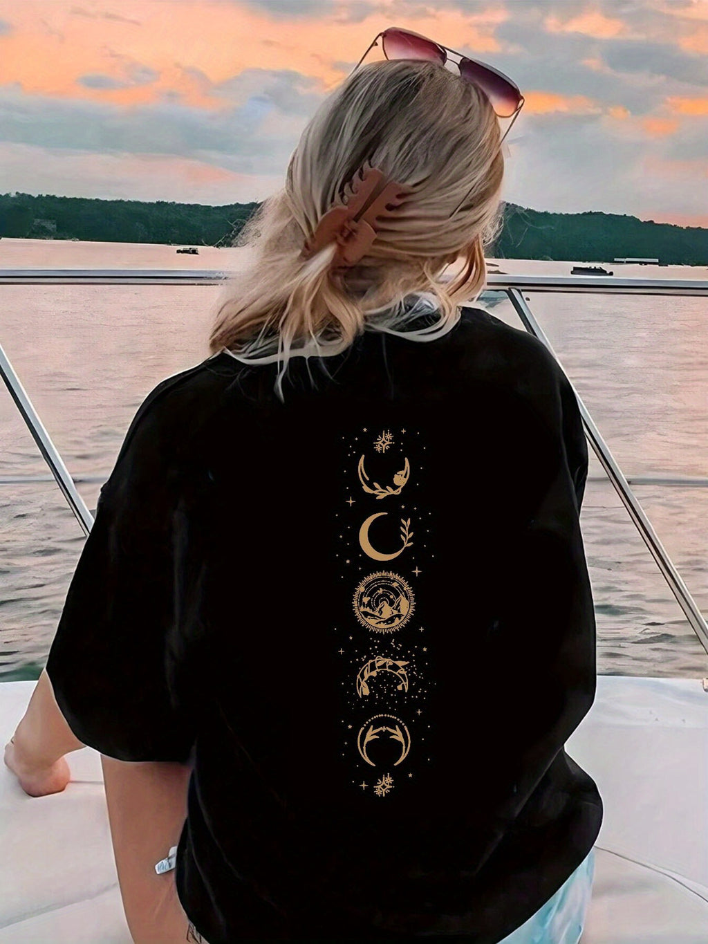 Casual Short Sleeve T-Shirt with Celestial Moon & Star Print