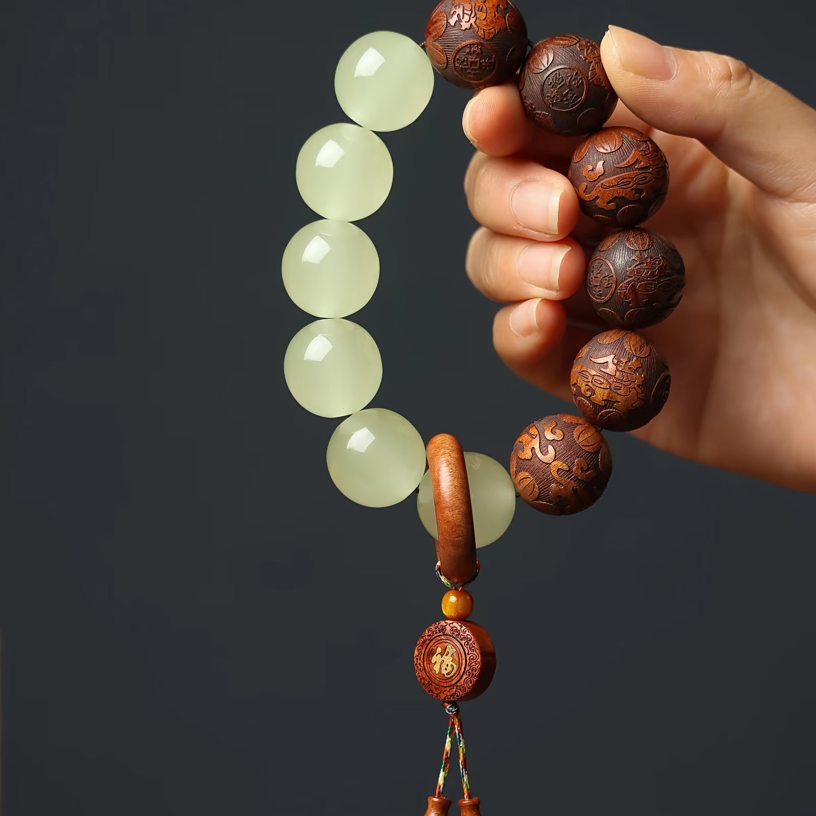Sandalwood Pear Wood Carved Luminous Beads String with Fortune Words