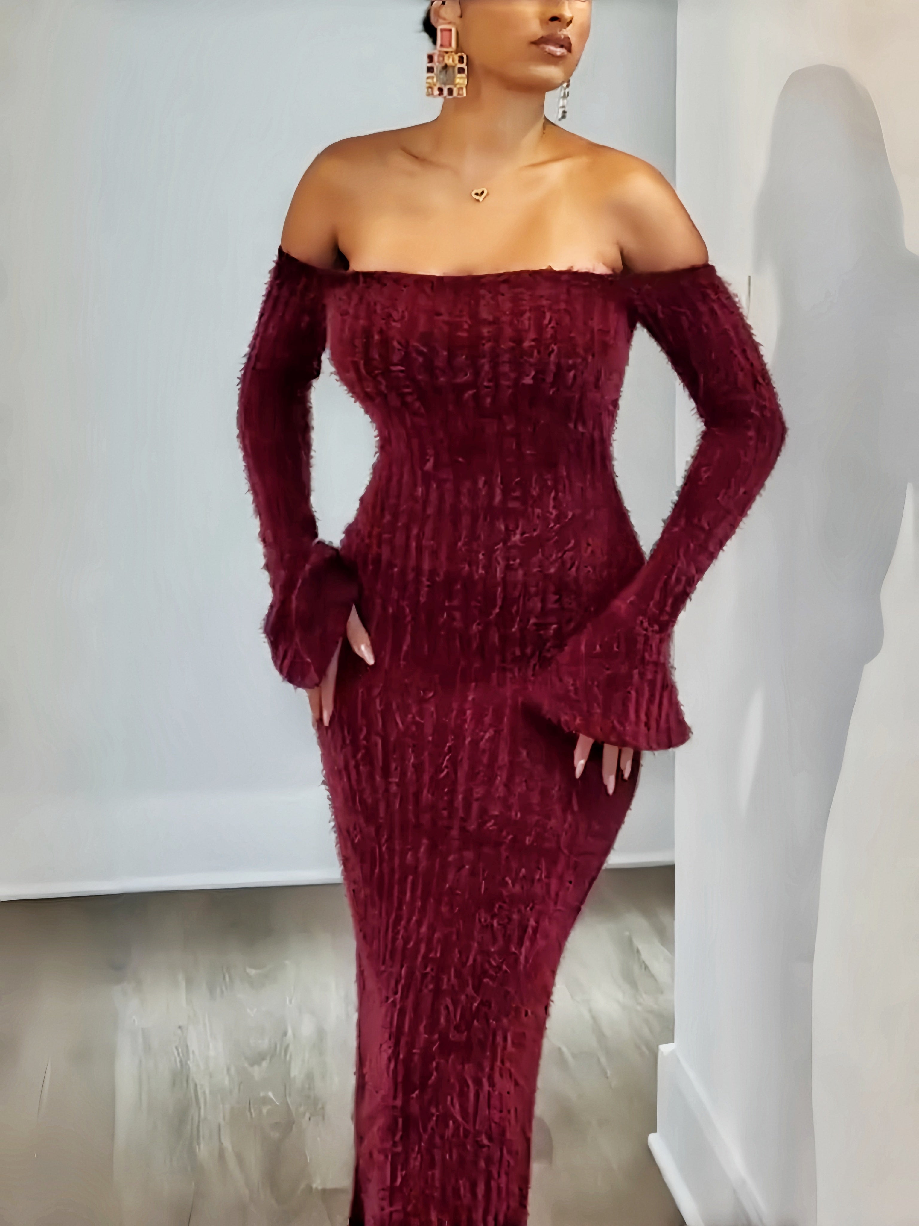 Off-the-Shoulder Burgundy Fuzzy Bodycon Dress