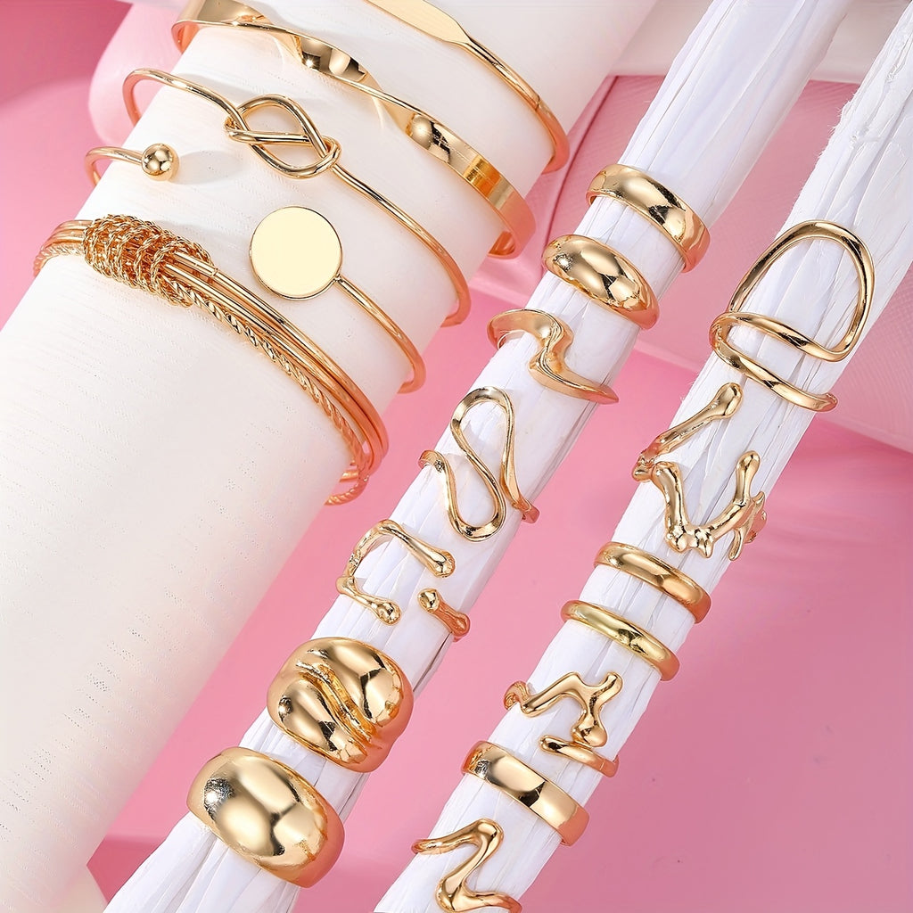 20pcs Set (5 Bracelets + 15 Rings) Jewelry Kit with Irregular Shaped Rings and Stylish Open-End Bracelets