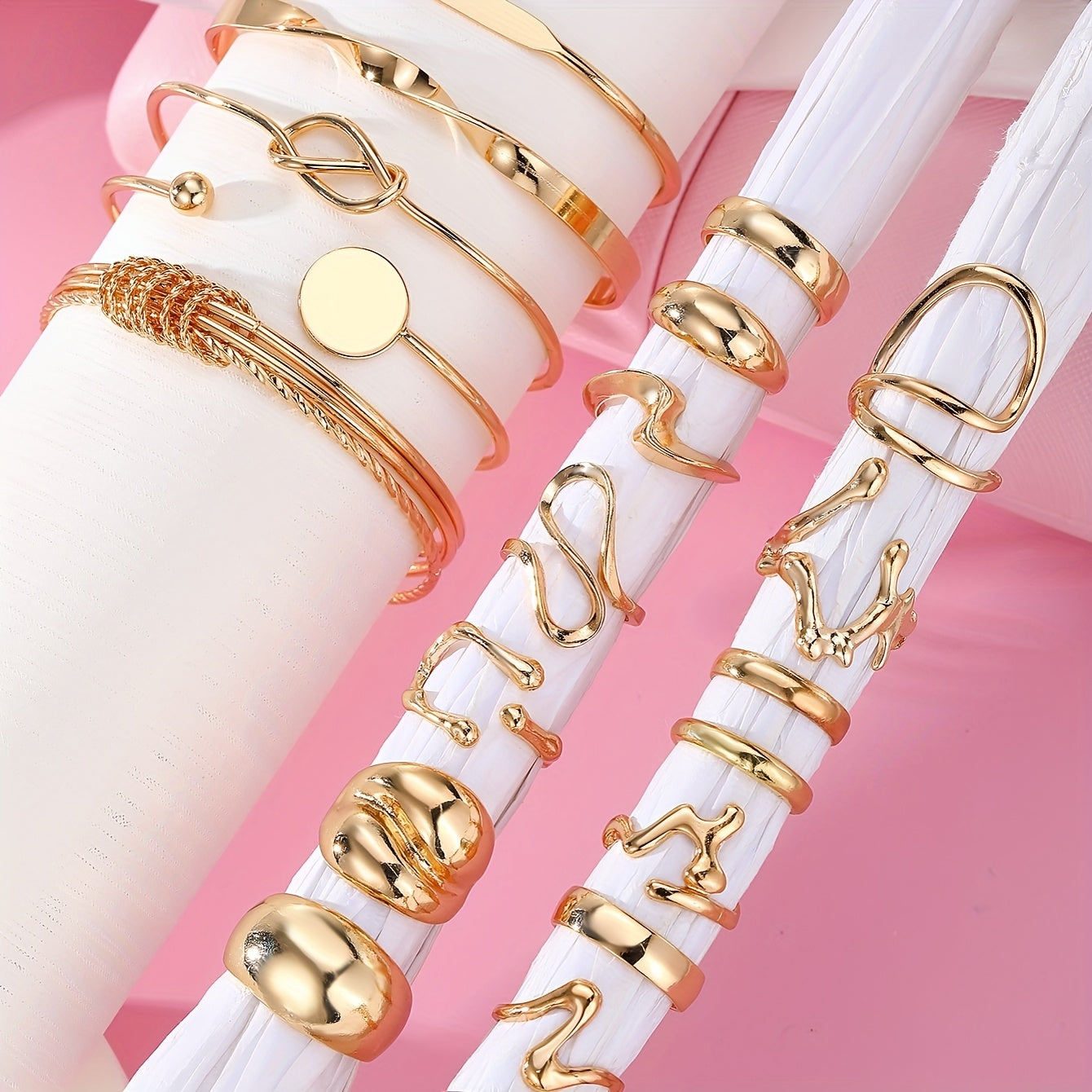 20pcs Set (5 Bracelets + 15 Rings) Jewelry Kit with Irregular Shaped Rings and Stylish Open-End Bracelets