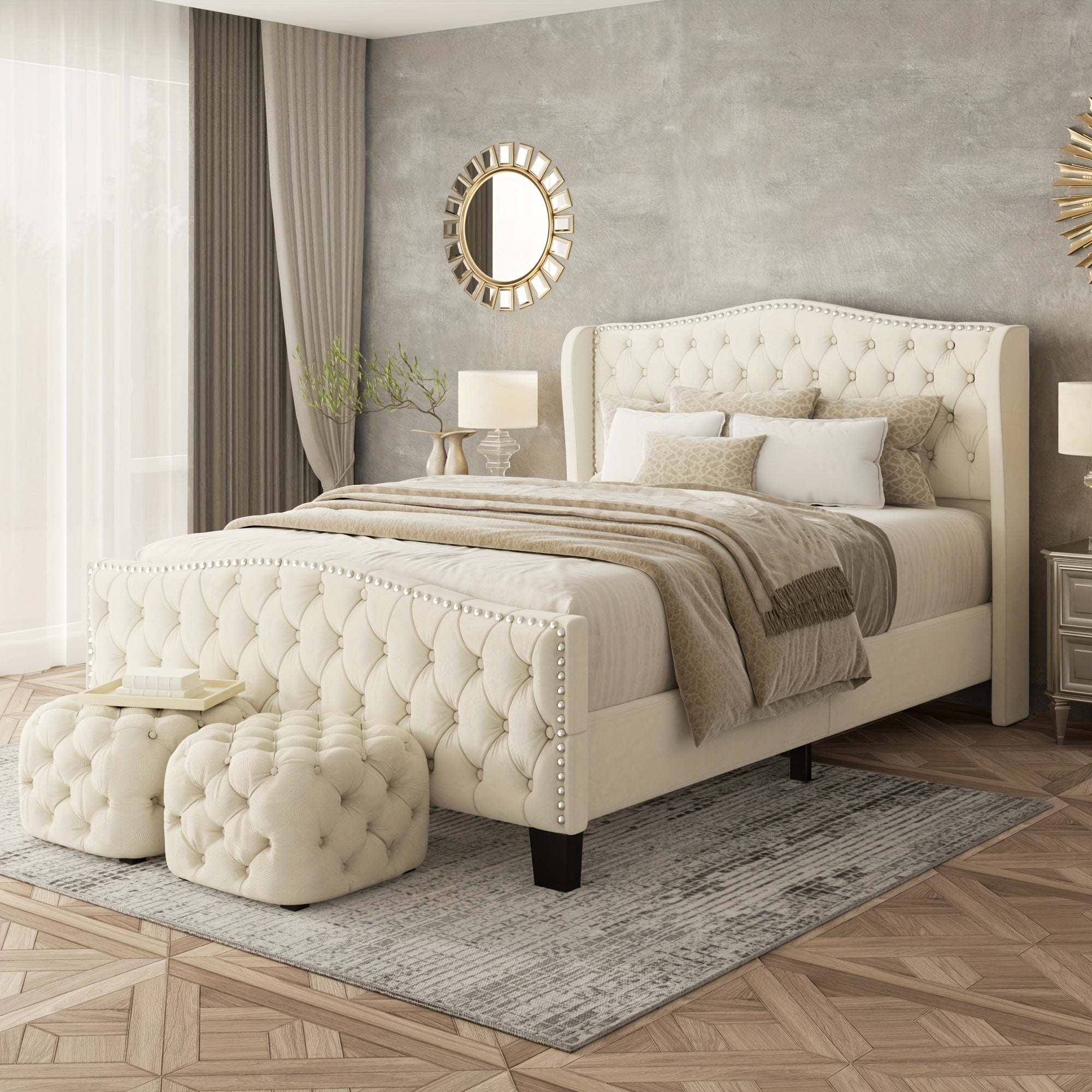 Queen Tufted Velvet Bed Frame with Wingback Headboard & Nailhead Trim