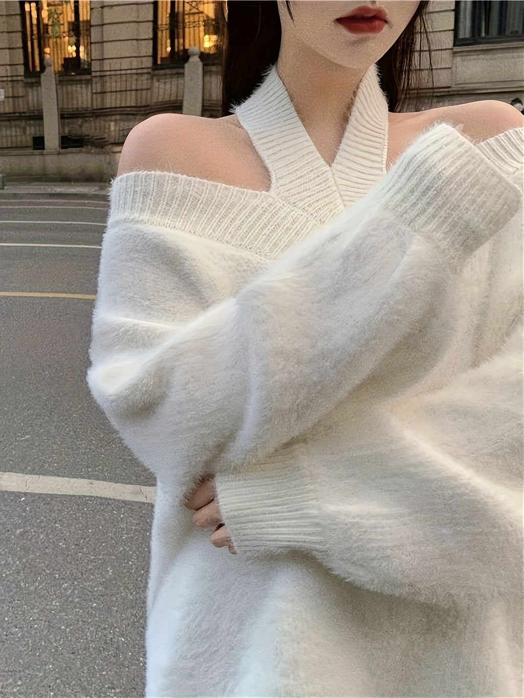 's White Oversized Off-Shoulder Winter Sweater - Collar Long Sleeve Loose Fit Coat Jacket, Reversible Collar Blazer for Fall/Winter, Hand Washable (No Transparency) Office to Party Wear