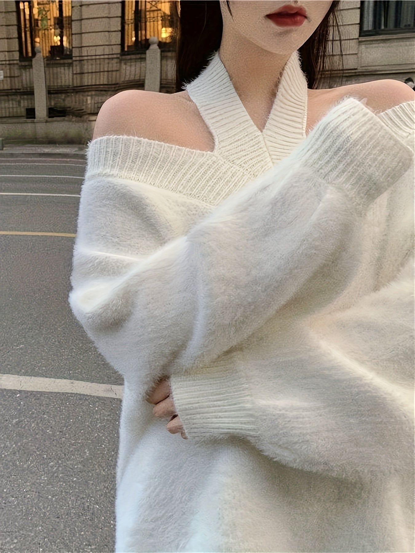 's White Oversized Off-Shoulder Winter Sweater - Collar Long Sleeve Loose Fit Coat Jacket, Reversible Collar Blazer for Fall/Winter, Hand Washable (No Transparency) Office to Party Wear