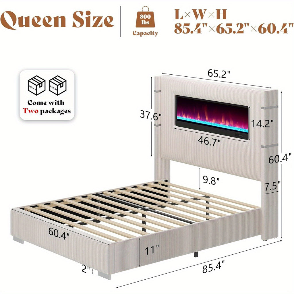 Contemporary Wingback Bed Frame with Integrated Fireplace