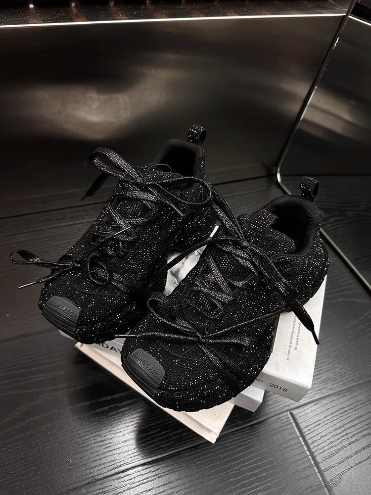 Rhinestone-Adorned Thick-Soled Dad Sneakers