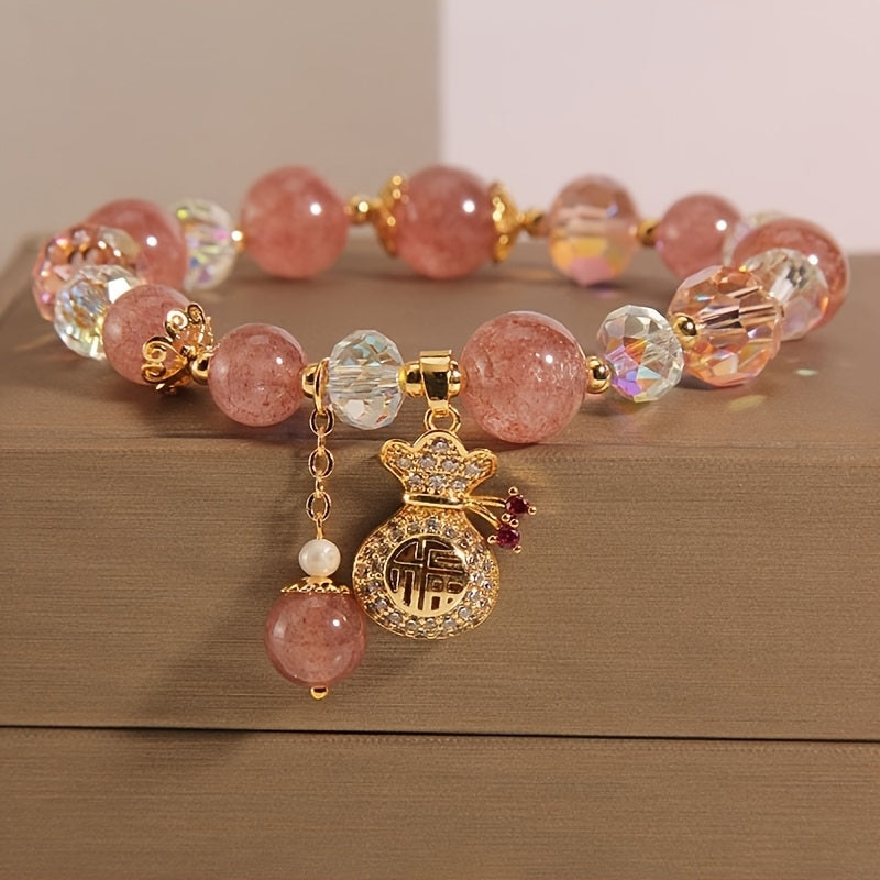 Pink Beaded Bracelet with Cute Golden Beads