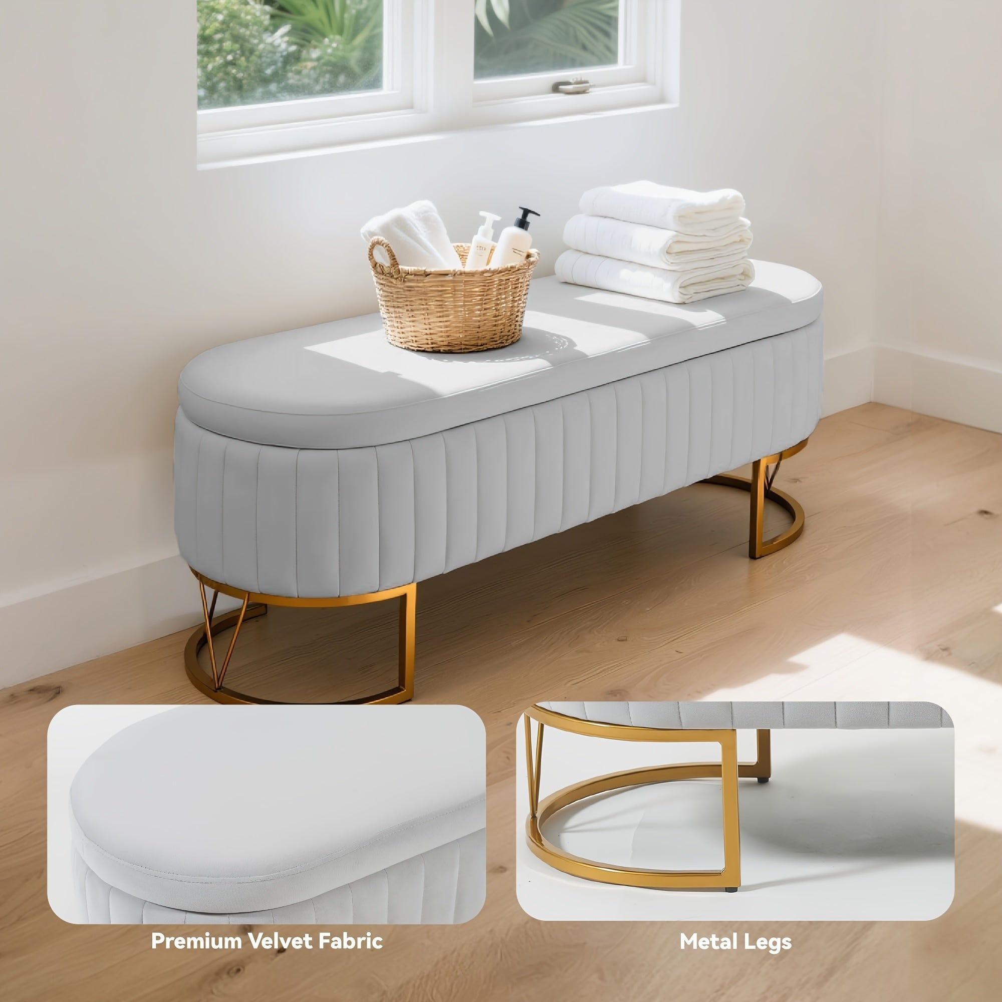 White Velvet Upholstered Storage Ottoman Footrest with Golden Legs