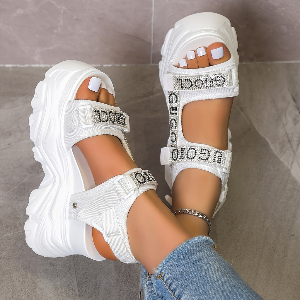 Women's Rhinestone Platform Sandals - Black Open Toe High Heel, Breathable Mesh Upper & PU Sole, Fashionable Summer Shoes with Closure for Casual or Party Wear, Casual Footwear | Rhinestone Embellishments, High Heel Sandals