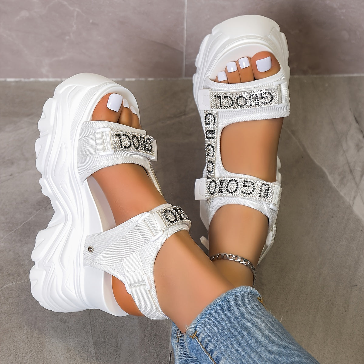 Women's Rhinestone Platform Sandals - Black Open Toe High Heel, Breathable Mesh Upper & PU Sole, Fashionable Summer Shoes with Closure for Casual or Party Wear, Casual Footwear | Rhinestone Embellishments, High Heel Sandals