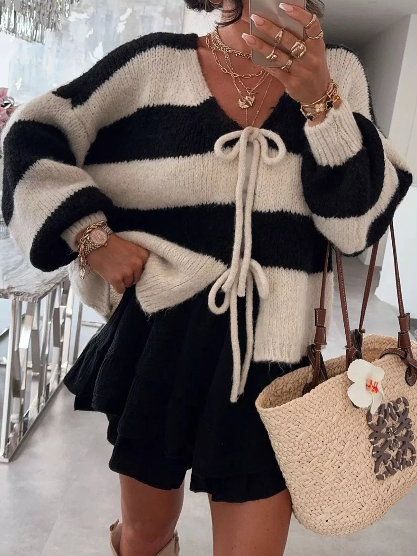 Striped Tie-Front Knit Cardigan