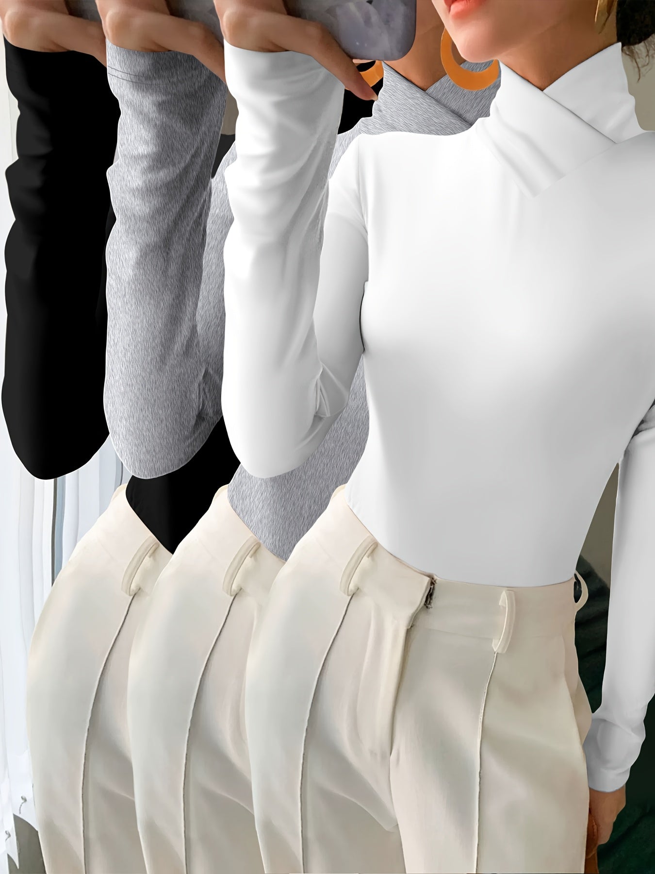 Women's Sexy Solid Color T-Shirt Set, Slim Fit Long Sleeve High Neck Pullover Top