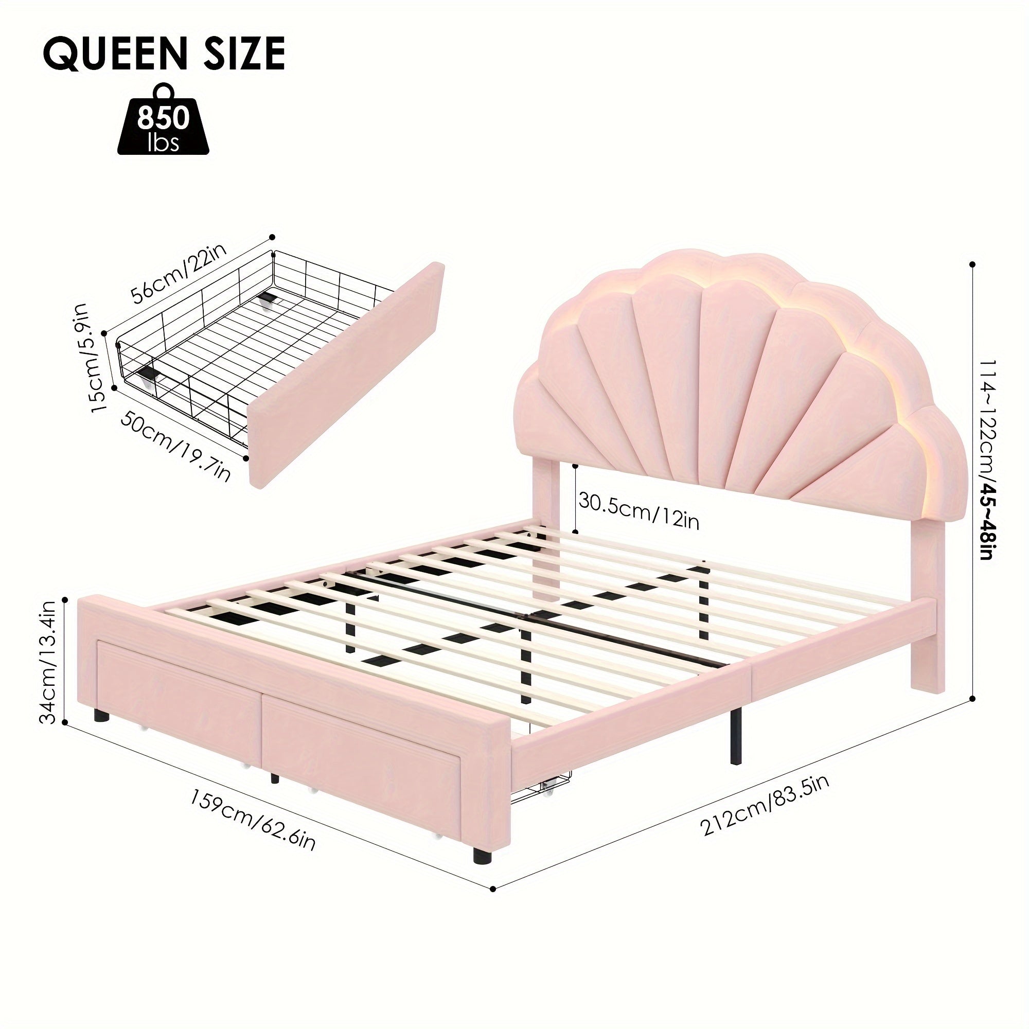 Velvet Upholstered Platform Bed With Adjustable Floral Headboard