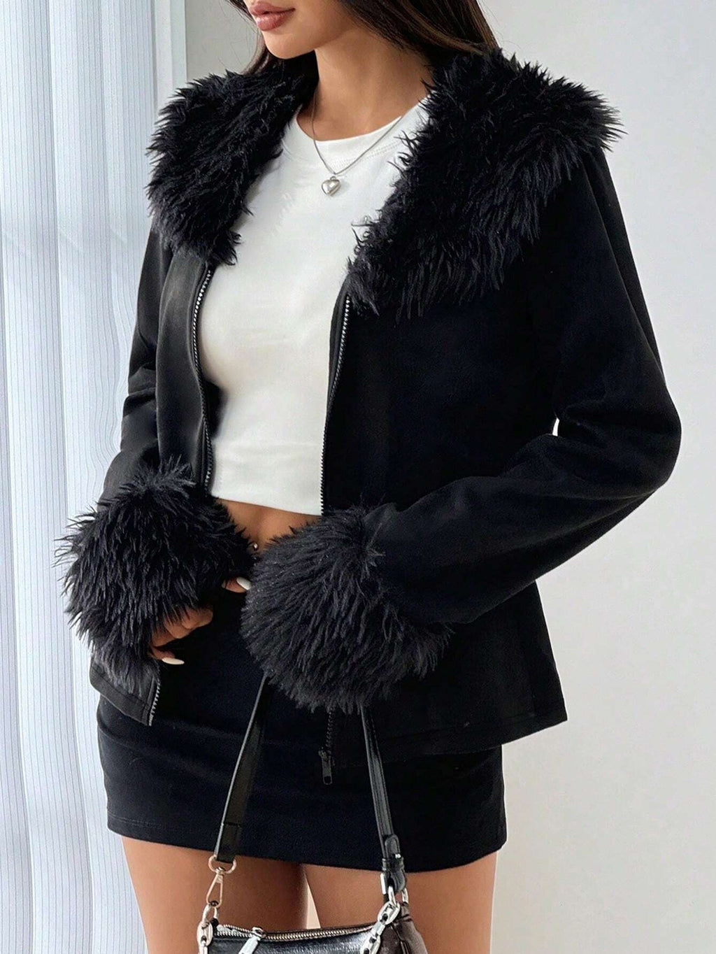 Women'S Y2K Full-Zip Faux Fur Collar Jacket - Elegant Winter Coat with Full-Zip Front Closure, Soft Faux Fur Trim & Full-Length Zipper, Casual To Formal Outerwear For Daily Wear, Parties, Winter Jacket, Party Outfit, Stylish