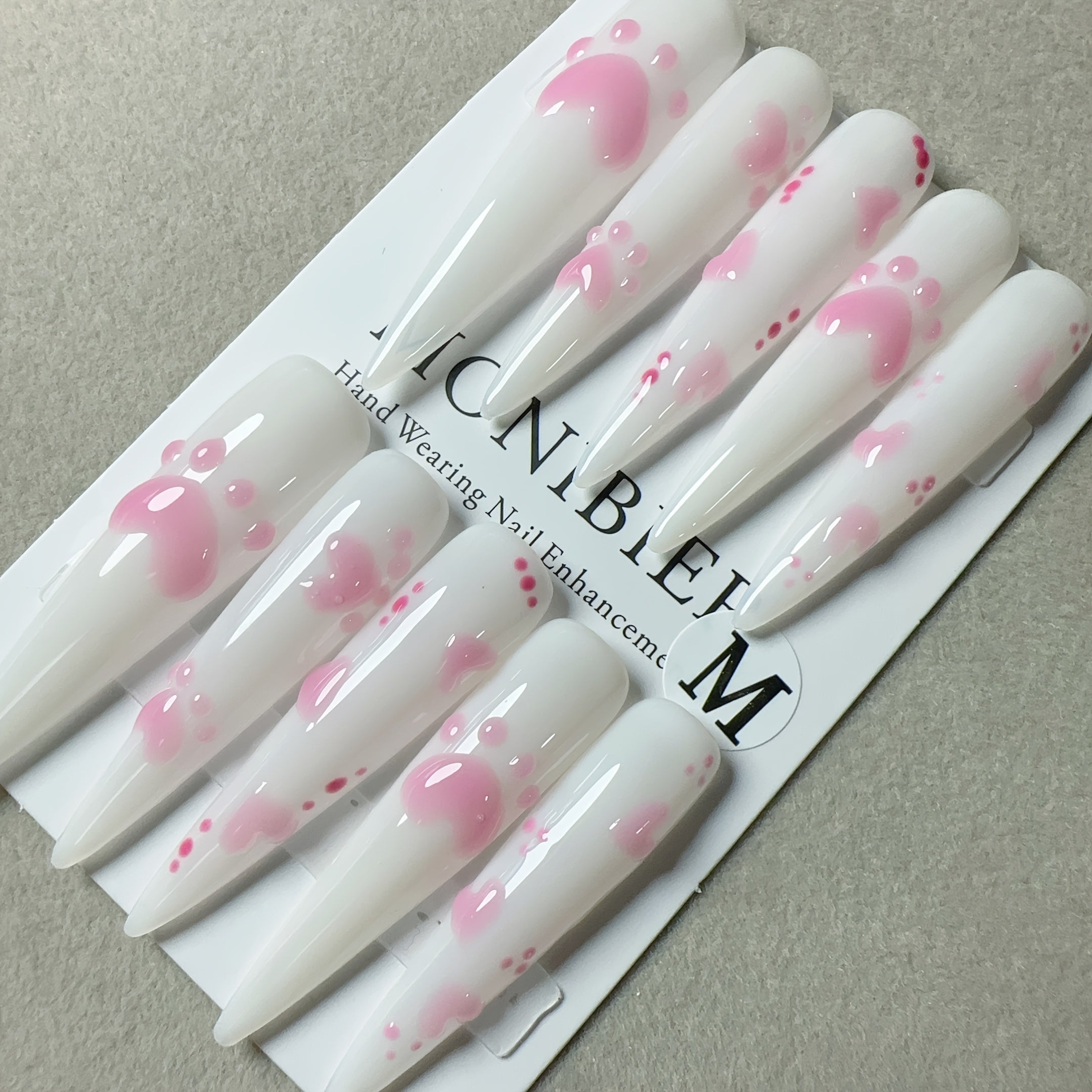 10pcs Set Handmade Wearable Nail Stickers for Women, Full Coverage, Reusable, Super Long Teardrop Shape, Pink & White with 3D Cat Paw and Heart Design, Glossy Finish
