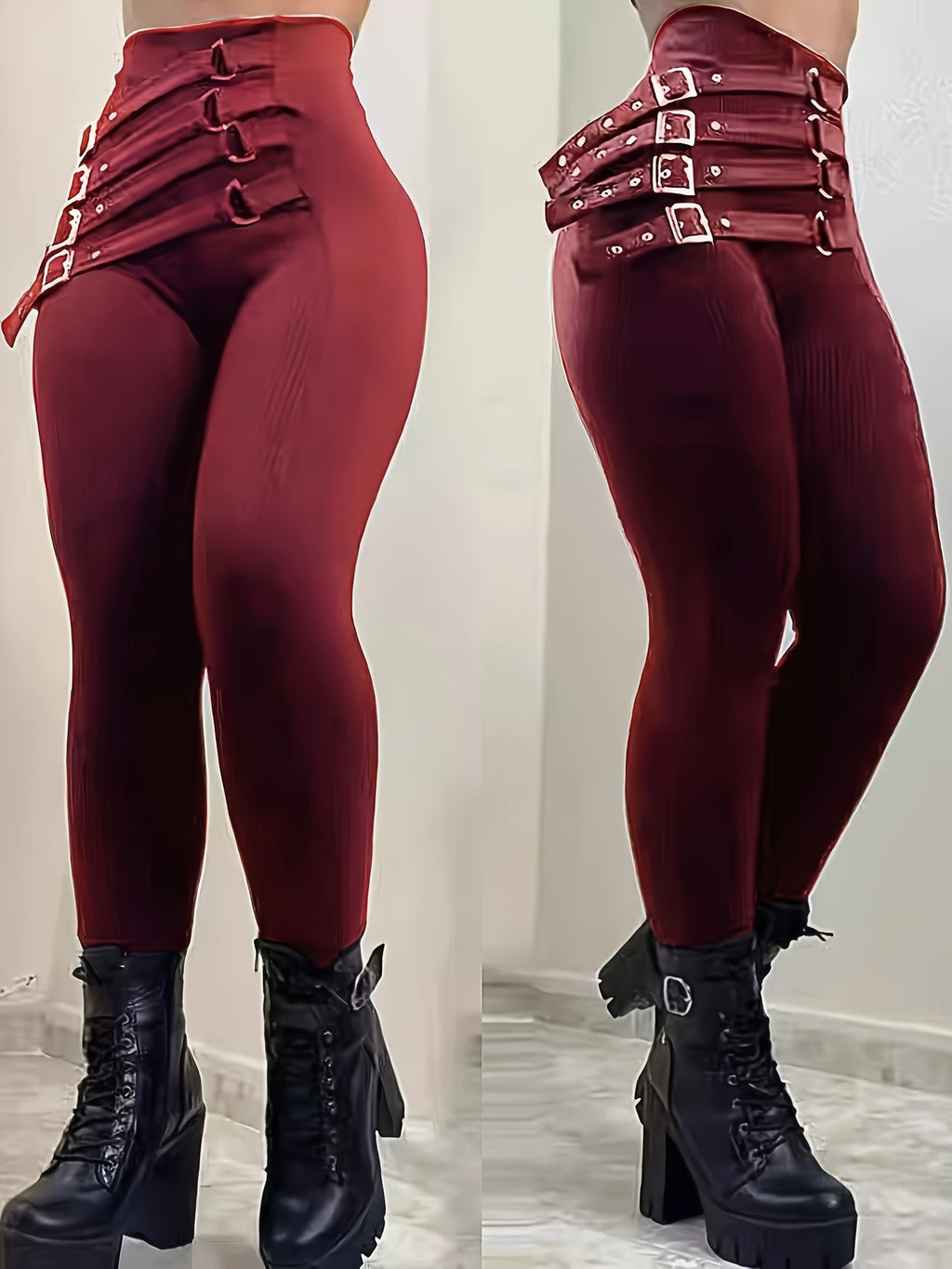 1pc Women'S Sexy Polyester Leggings with Fashion Belt, Solid Color Stretchy Knit Pants for All Seasons, Adult Fit